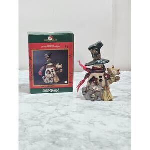 SnowTown Snowfolk Kurt Adler Snowman with Cats Figurine Christmas Bells 5 inch